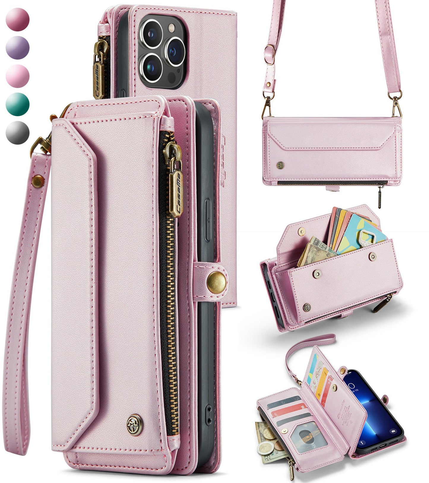 New RFID Blocking Zipper Wallet Supports Wireless Charging with Long and Short Lanyard Leather Phone Case for iPhone 11/11 Pro/11 Pro Max