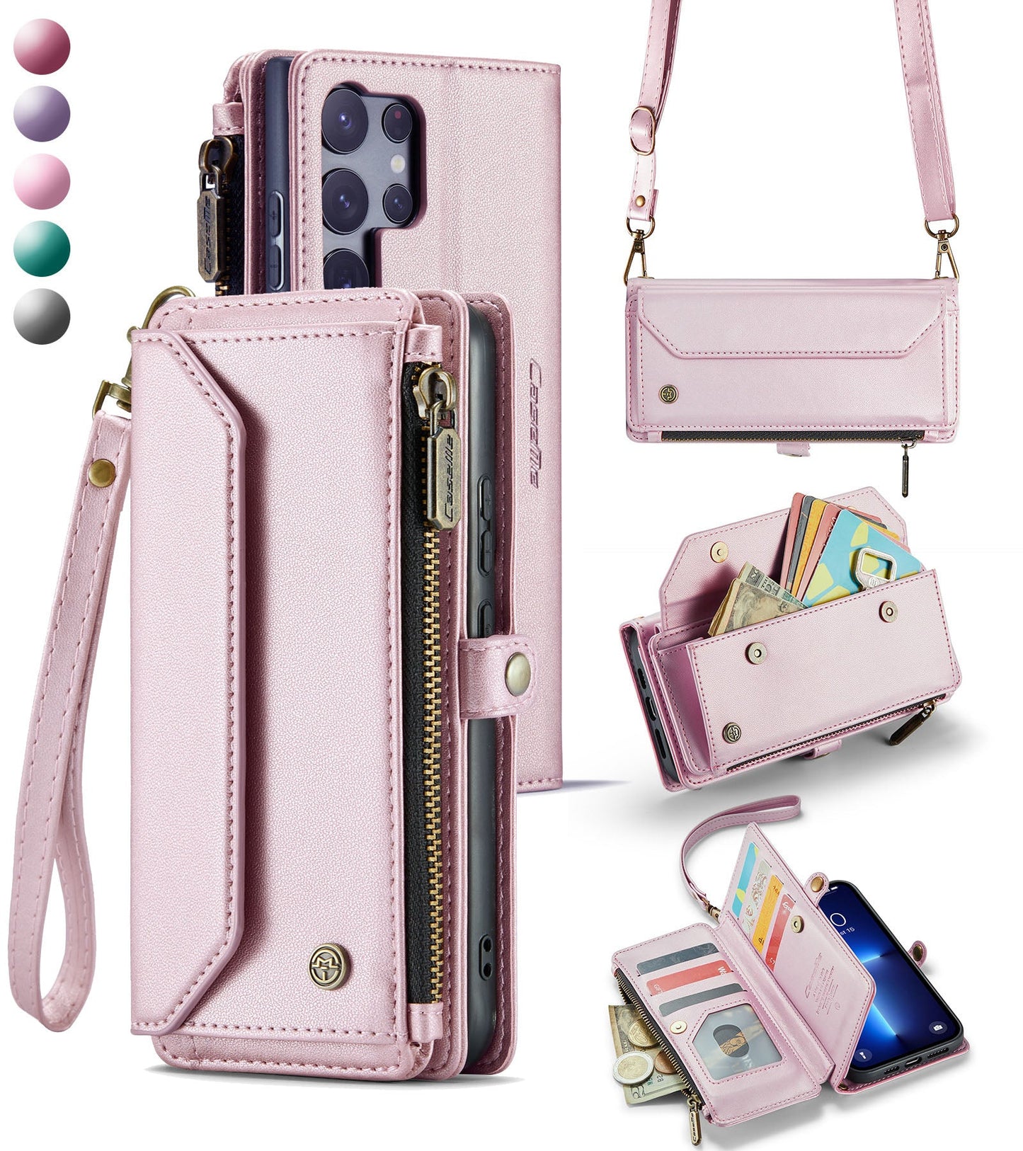 New RFID Blocking Zipper Wallet Supports Wireless Charging with Long and Short Lanyard Leather Phone Case for Samsung Galaxy S25/S25+/S25 Ultra