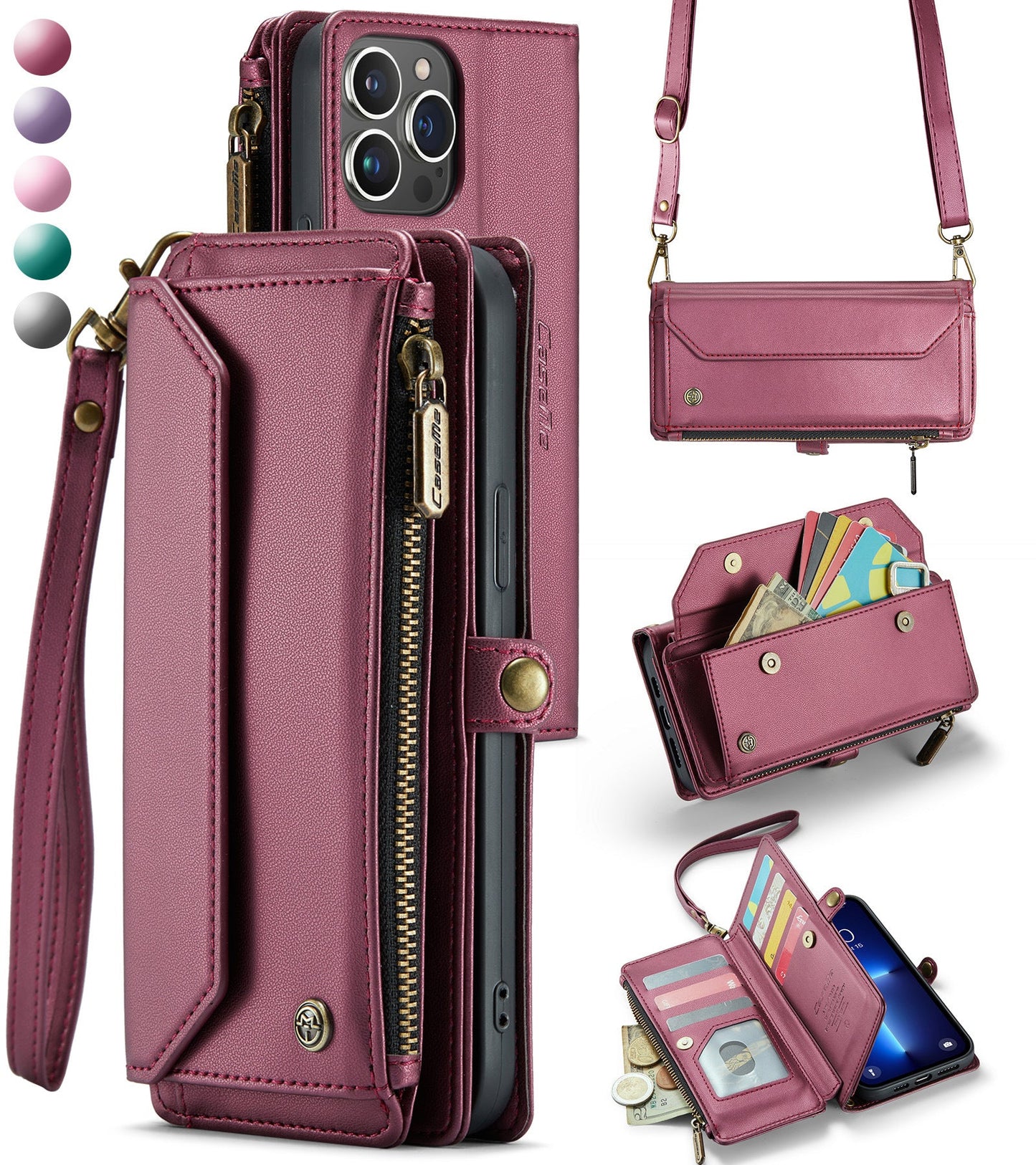 New RFID Blocking Zipper Wallet Supports Wireless Charging with Long and Short Lanyard Leather Phone Case for iPhone 11/11 Pro/11 Pro Max
